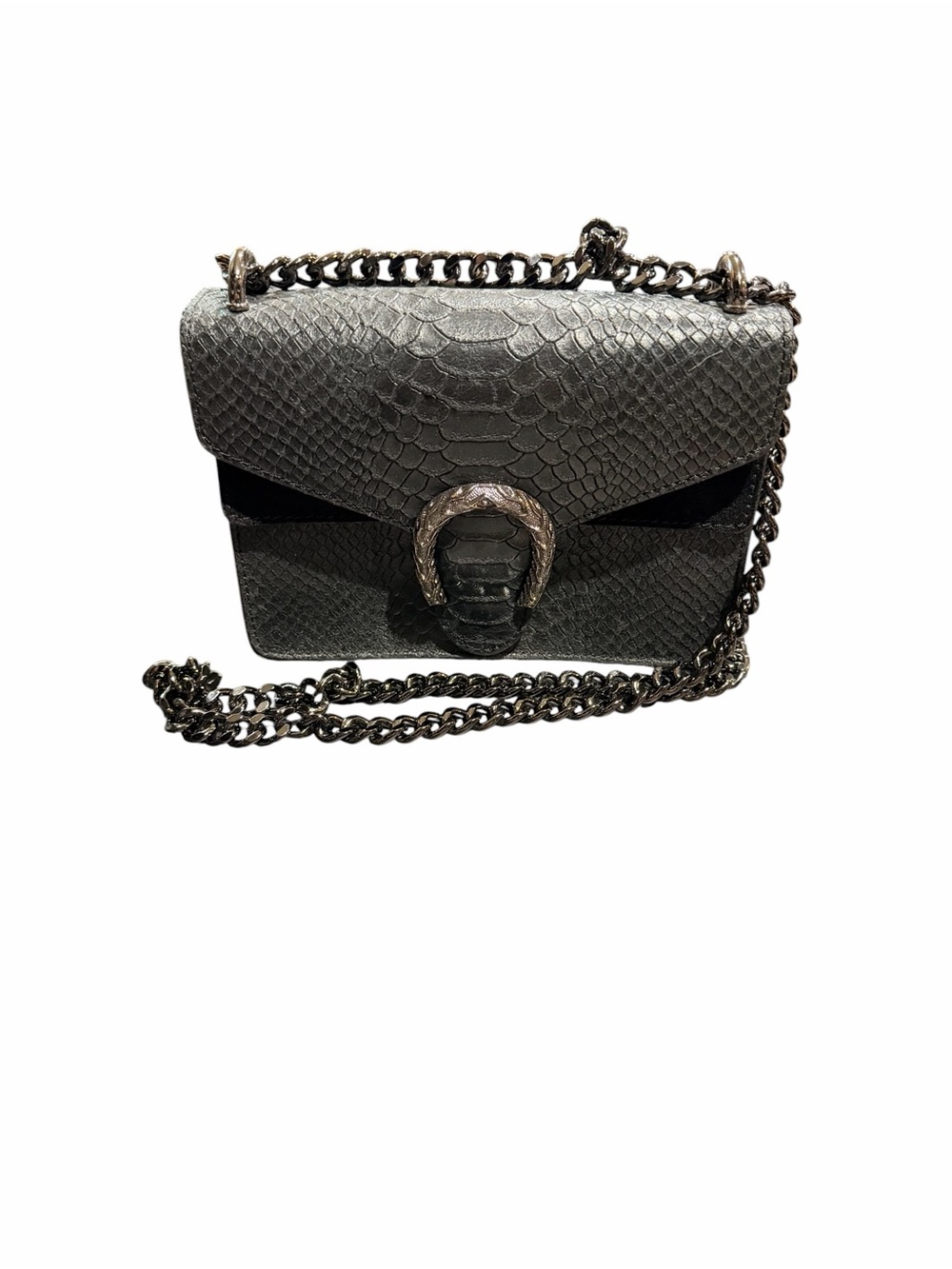 Designer-Style Black Python-Embossed Chain Shoulder Bag